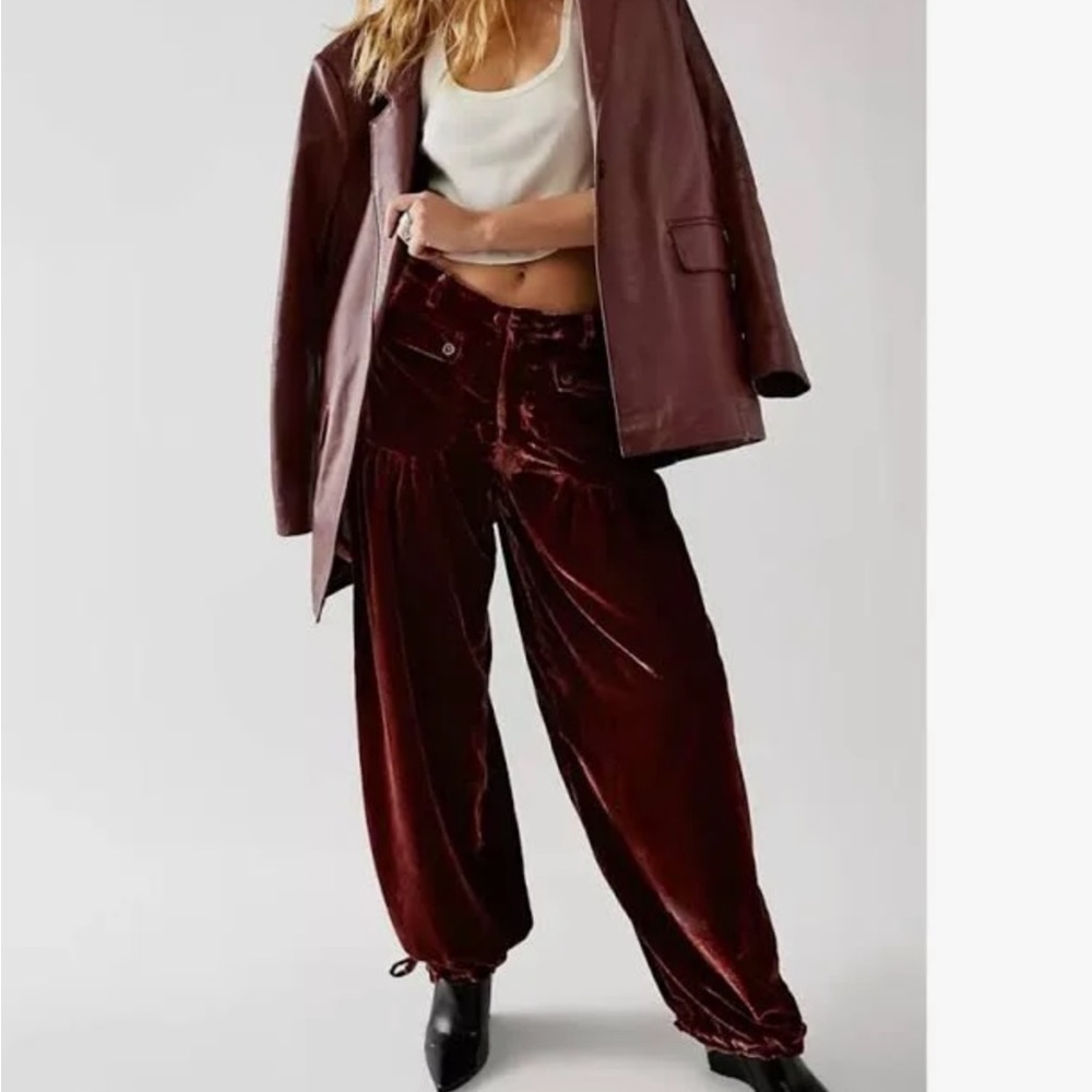 Free People Wide-Leg Velvet Pants in Burgundy Red